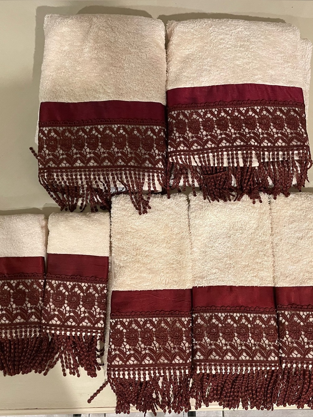Elegant Burgundy and Cream Lace Towels